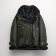 Women Green RAF Aviator Styled Lambskin Black Shearling Leather Jacket