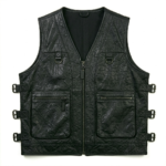 Mens Dark Green Leather Tracital Vest With Zipper Pocket