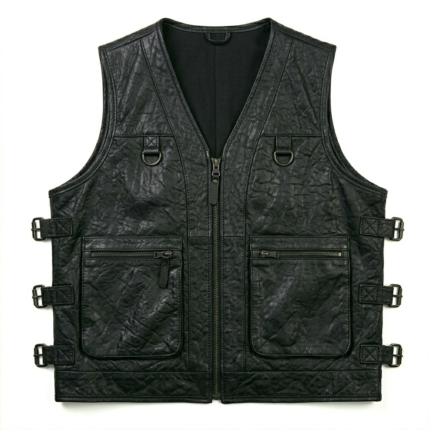 Mens Dark Green Leather Tracital Vest With Zipper Pocket