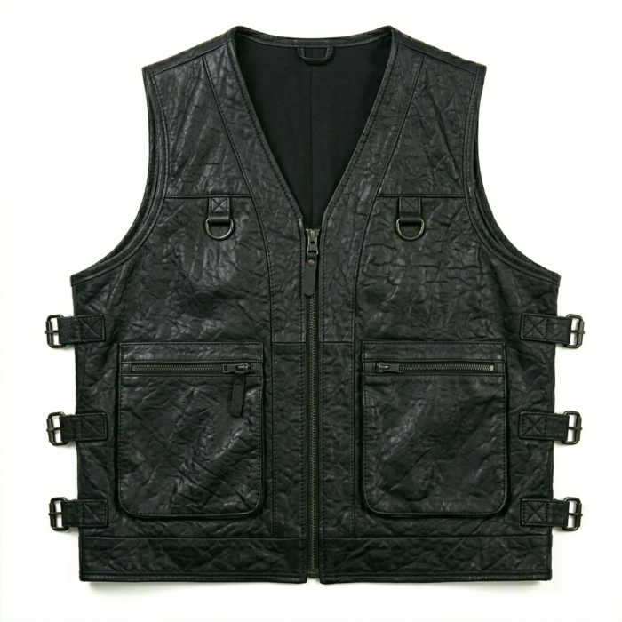 Mens Dark Green Leather Tracital Vest With Zipper Pocket