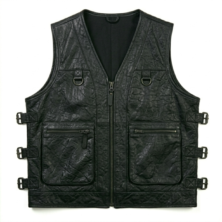 Mens Dark Green Leather Tracital Vest With Zipper Pocket