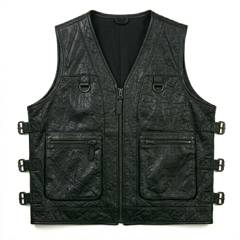 Mens Dark Green Leather Tracital Vest With Zipper Pocket