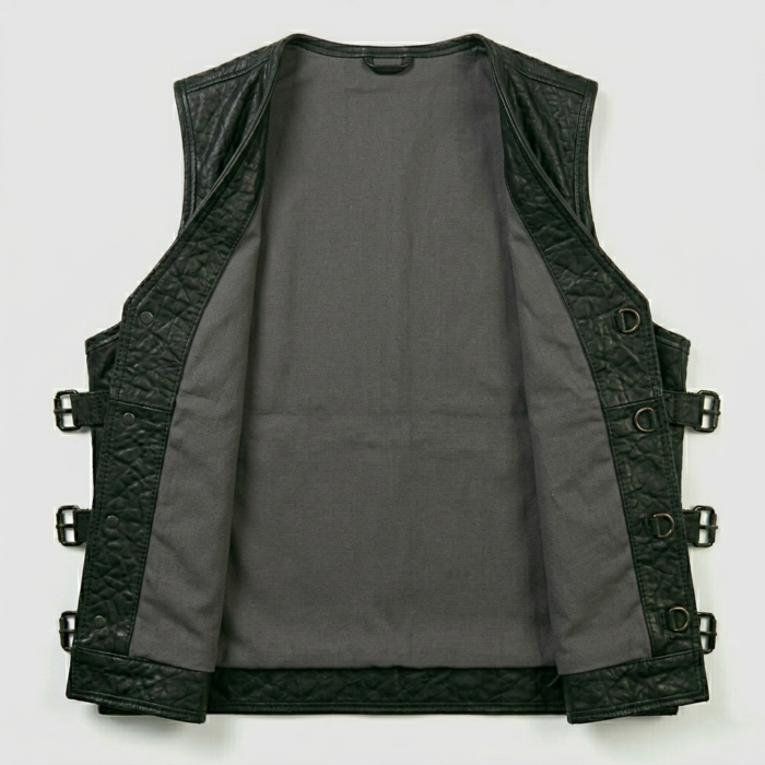 Mens Dark Green Leather Tracital Vest With Zipper Pocket