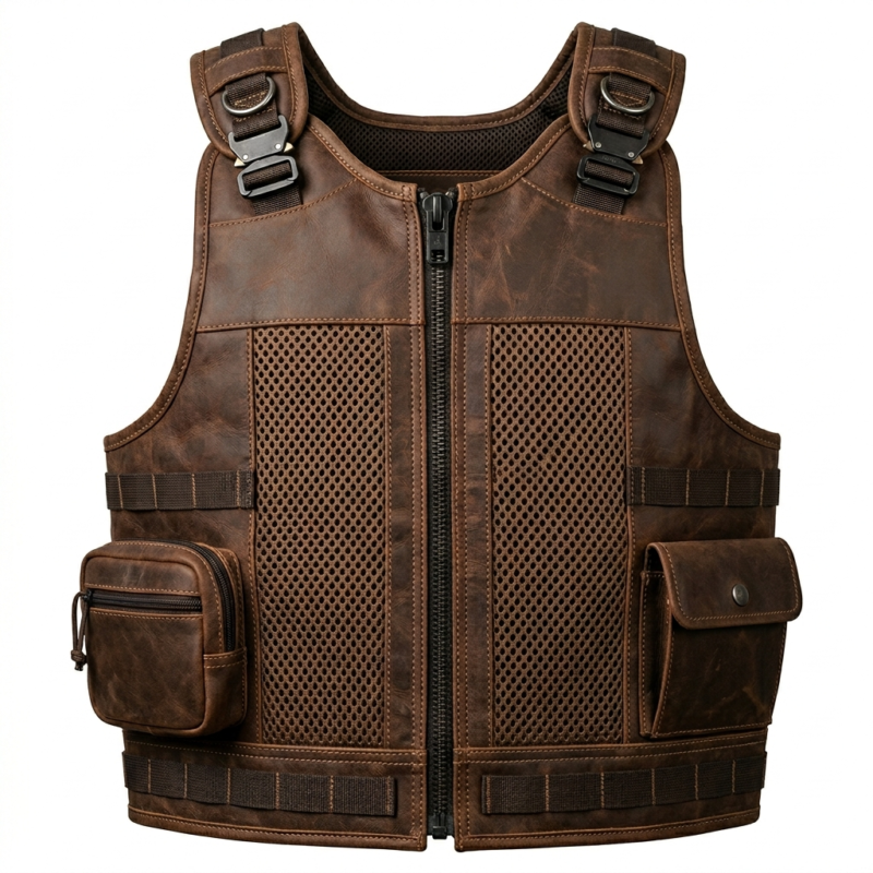 Mens Brown Leather Tracital Vest With Mesh Panels Utility Design