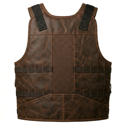 Mens Brown Leather Tracital Vest With Mesh Panels Utility Design