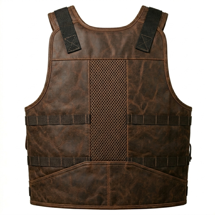 Mens Brown Leather Tracital Vest With Mesh Panels Utility Design