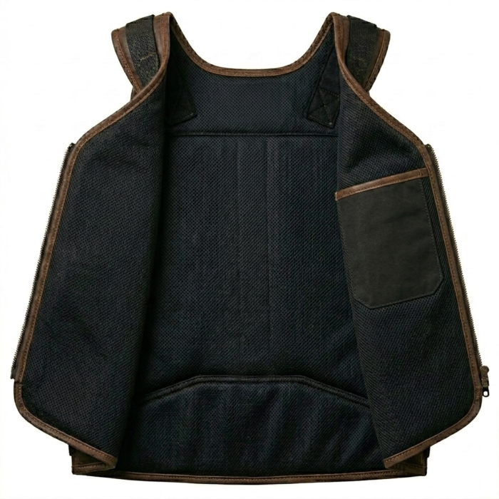 Mens Brown Leather Tracital Vest With Mesh Panels Utility Design