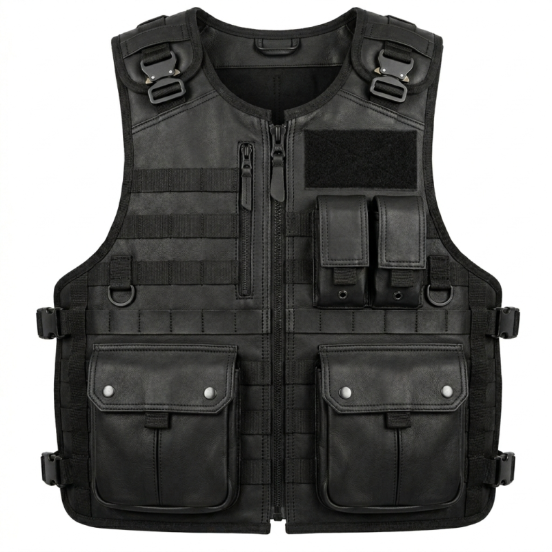 Mens Black Leather Tracital Vest With Tactical Utility Pockets Design