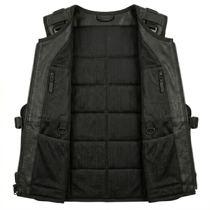 Mens Black Leather Tracital Vest With Tactical Utility Pockets Design