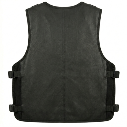 Mens Black Leather Tracital Vest With Tactical Utility Pockets Design