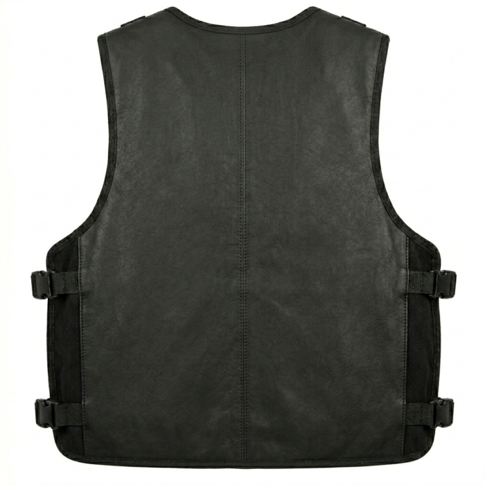 Mens Black Leather Tracital Vest With Tactical Utility Pockets Design