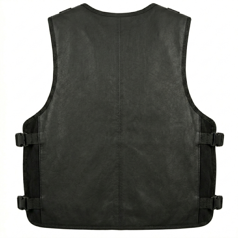 Mens Black Leather Tracital Vest With Tactical Utility Pockets Design