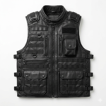 Men’s Black Premium Leather Tactical Vest – Multi-Pocket Utility Biker Vest with Quilted Inner Lining