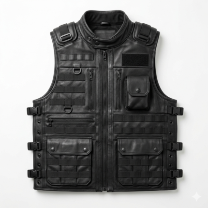 Men’s Black Premium Leather Tactical Vest – Multi-Pocket Utility Biker Vest with Quilted Inner Lining