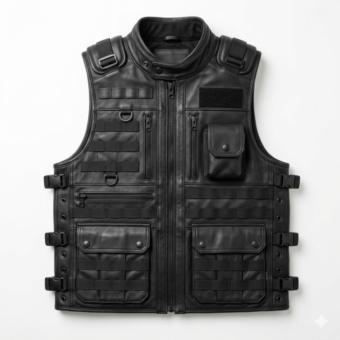 Men’s Black Premium Leather Tactical Vest – Multi-Pocket Utility Biker Vest with Quilted Inner Lining