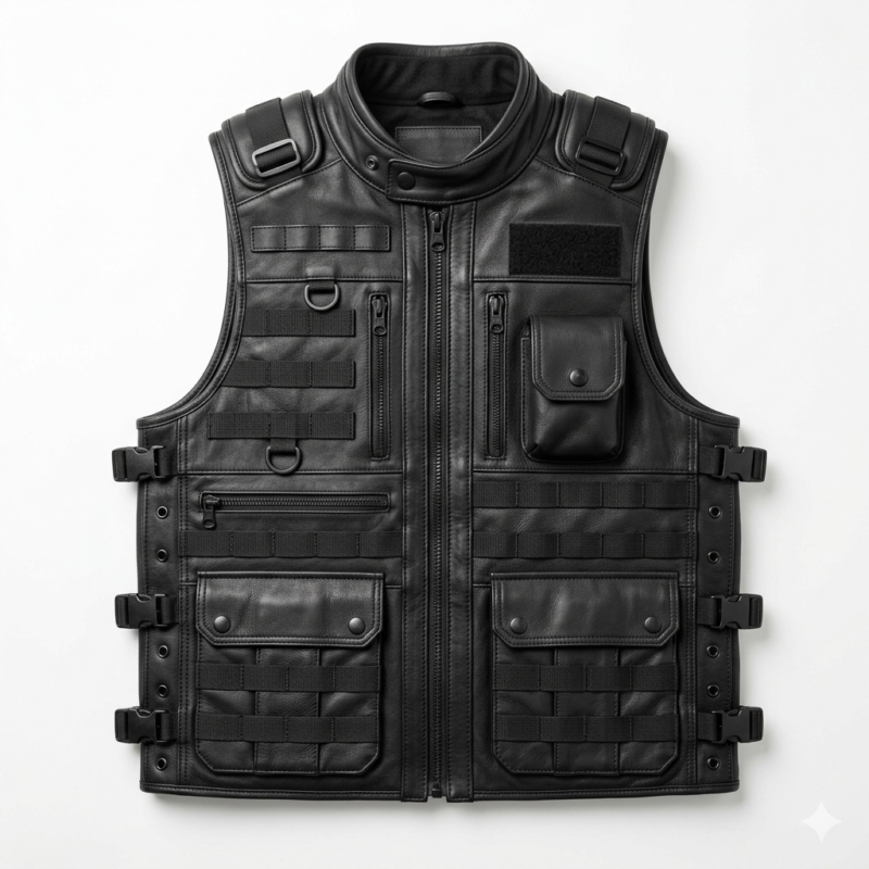 Men’s Black Premium Leather Tactical Vest – Multi-Pocket Utility Biker Vest with Quilted Inner Lining