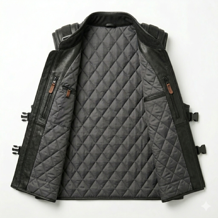 Men’s Black Premium Leather Tactical Vest – Multi-Pocket Utility Biker Vest with Quilted Inner Lining