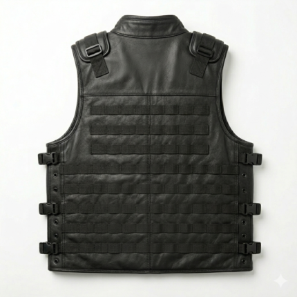 Men’s Black Premium Leather Tactical Vest – Multi-Pocket Utility Biker Vest with Quilted Inner Lining