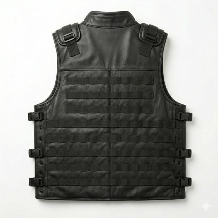 Men’s Black Premium Leather Tactical Vest – Multi-Pocket Utility Biker Vest with Quilted Inner Lining