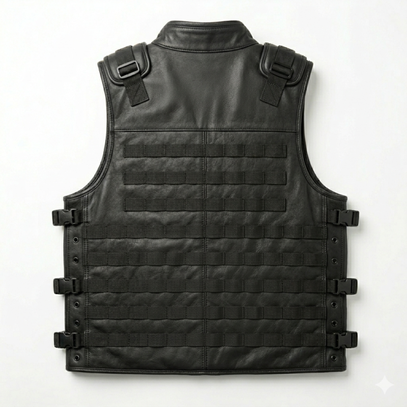 Men’s Black Premium Leather Tactical Vest – Multi-Pocket Utility Biker Vest with Quilted Inner Lining
