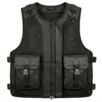 Men’s black tactical leather vest with mesh and buckle pockets front view
