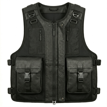 Men’s black tactical leather vest with mesh and buckle pockets front view