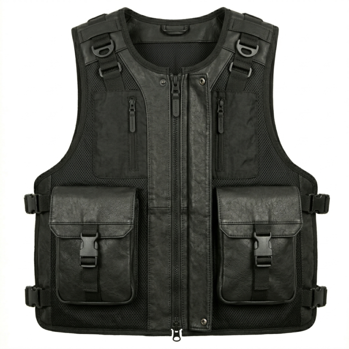 Men’s black tactical leather vest with mesh and buckle pockets front view