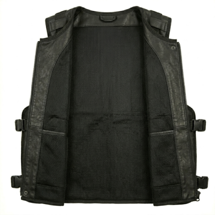 Men’s black tactical leather vest with mesh and buckle pockets inner view