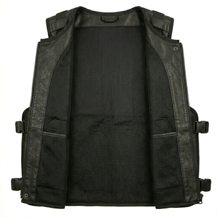 Men’s black tactical leather vest with mesh and buckle pockets inner view