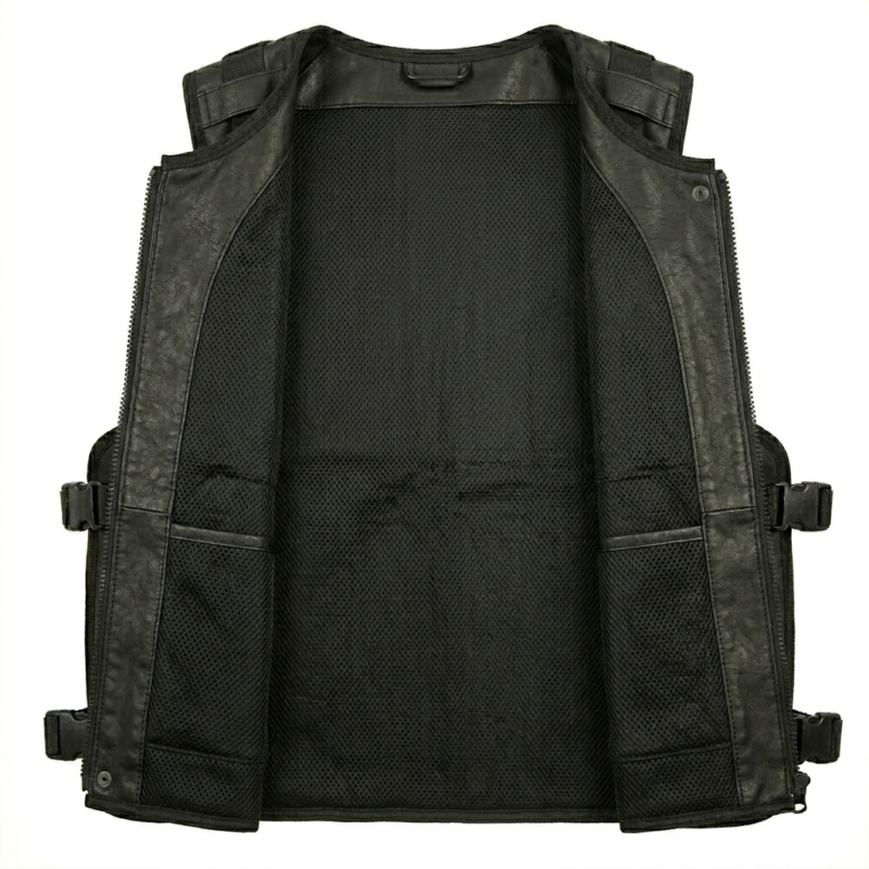 Men’s black tactical leather vest with mesh and buckle pockets inner view