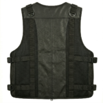 Men’s black tactical leather vest with mesh and buckle pockets back view