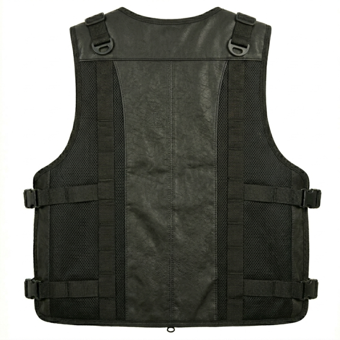Men’s black tactical leather vest with mesh and buckle pockets back view