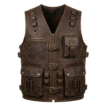 Brown Leather Tactical Vest Utility Utility Multi Pocket front