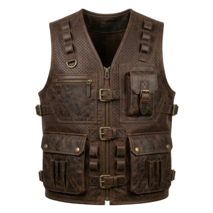 Brown Leather Tactical Vest Utility Utility Multi Pocket front
