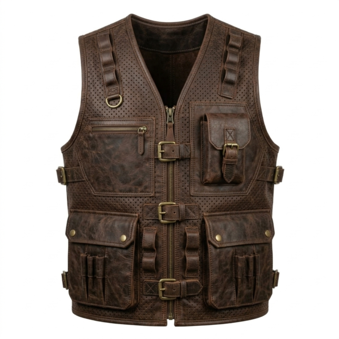Brown Leather Tactical Vest Utility Utility Multi Pocket front