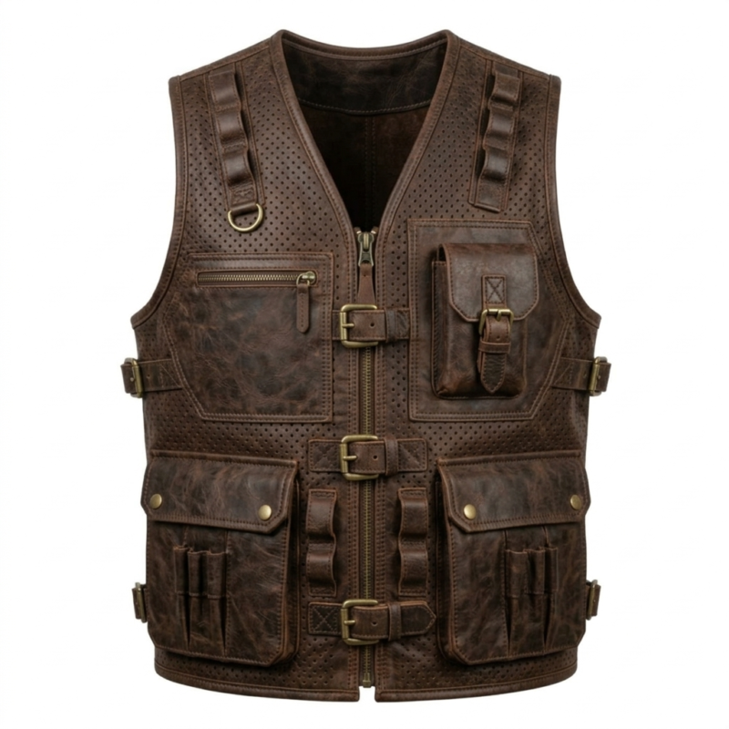 Brown Leather Tactical Vest Utility Utility Multi Pocket front