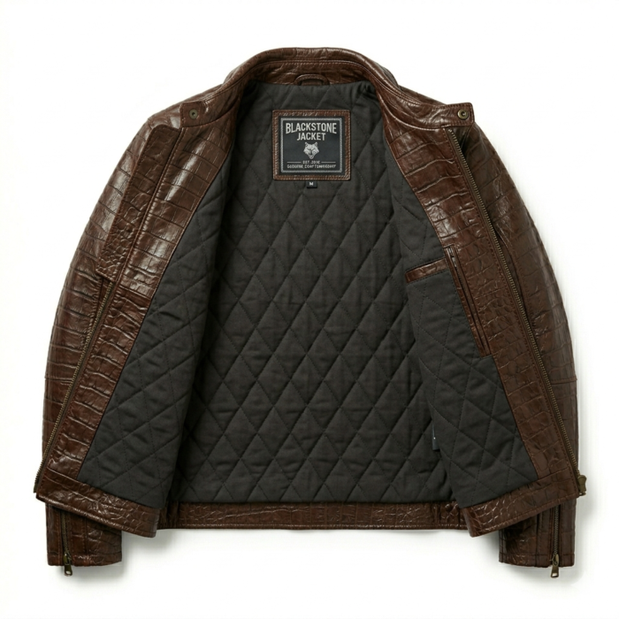 Men's Premium Brown Crocodile Embossed Leather Jacket - Blackstone Jackets - Image 3
