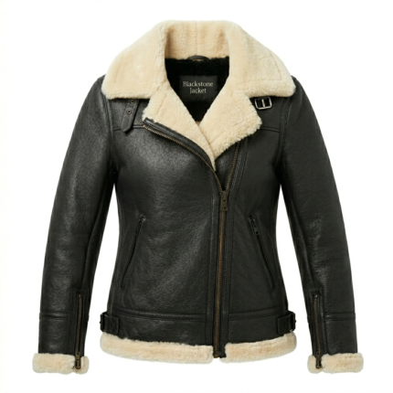 Premium Women’s Shearling Jacket Black Leather & Faux Fur Biker - Blackstone Jackets