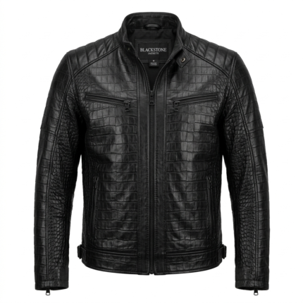 black crocodile embossed leather jacket