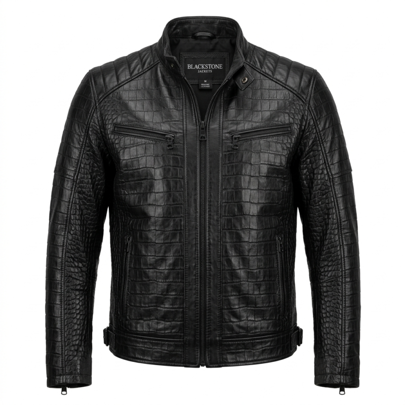 black crocodile embossed leather jacket