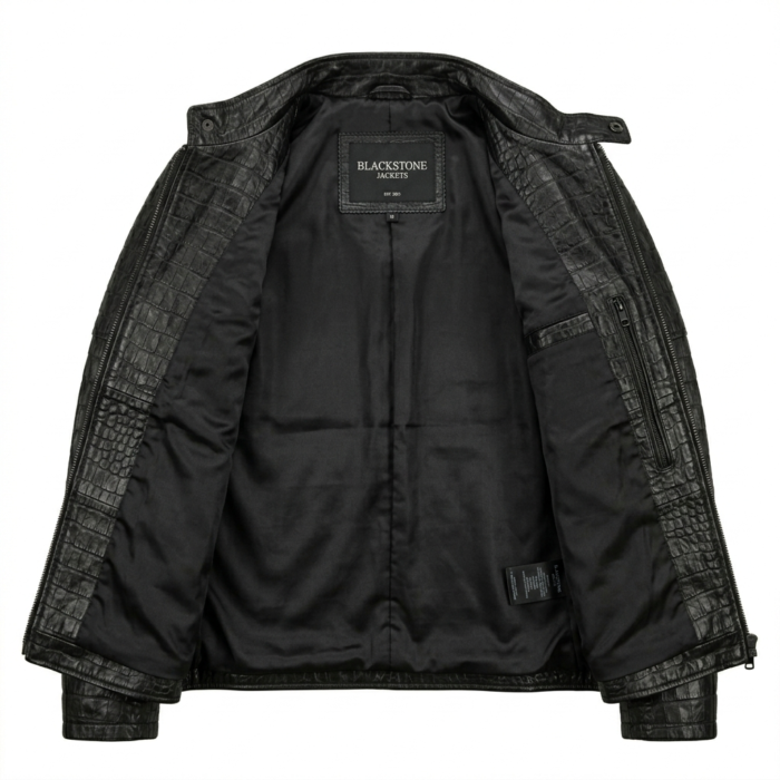 black crocodile embossed leather jacket
