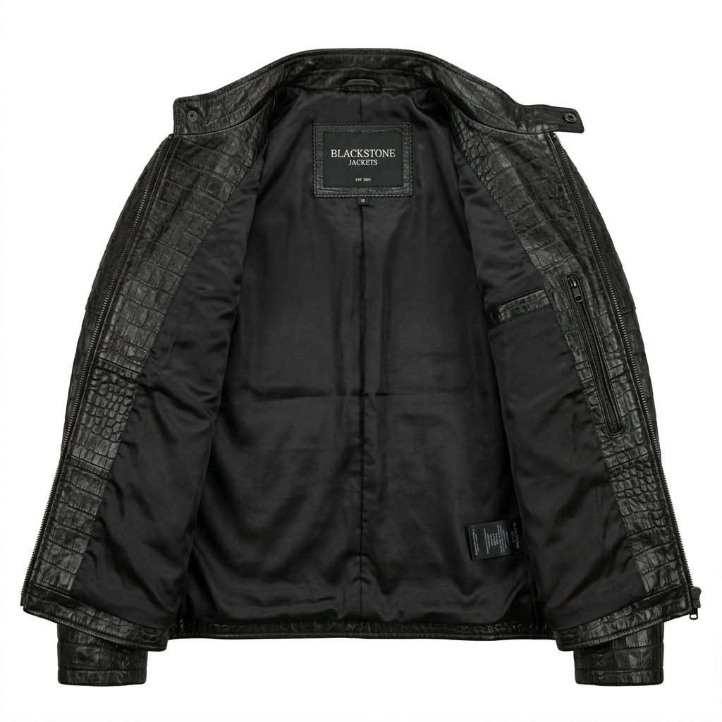 black crocodile embossed leather jacket