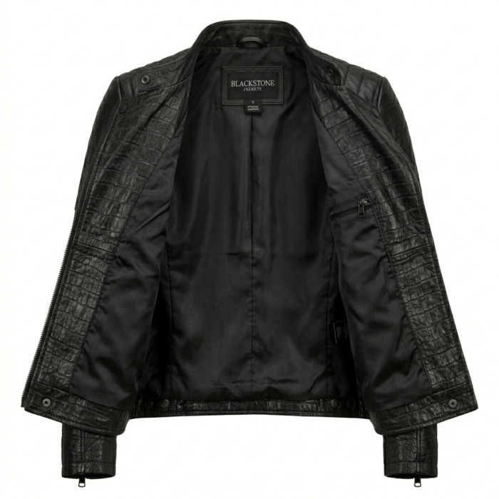 Women's Premium Black Crocodile Embossed Leather Jacket – Blackstone Jackets - Image 3