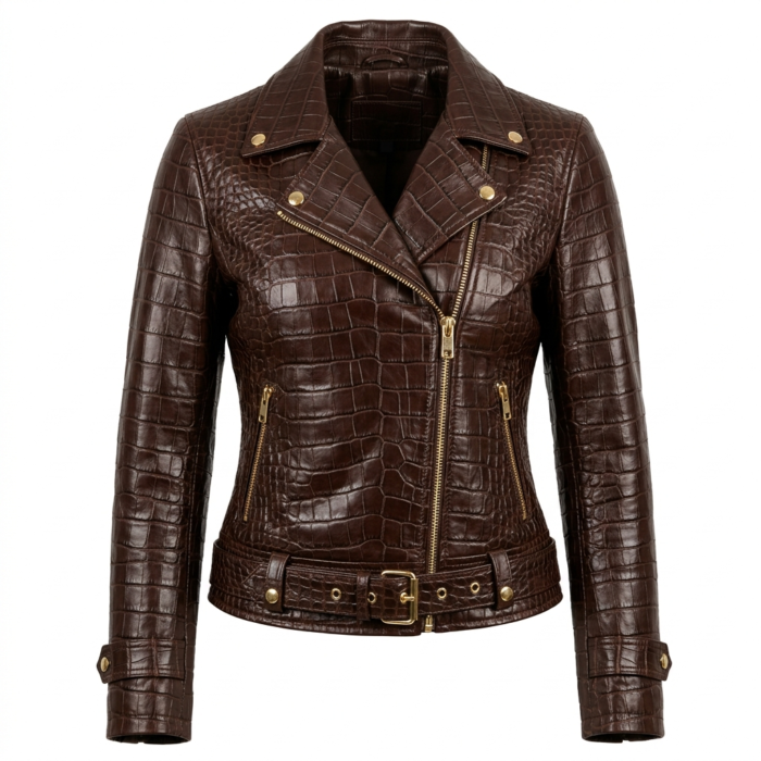 Premium Women’s Brown Crocodile Leather Jacket | Blackstone Jacket