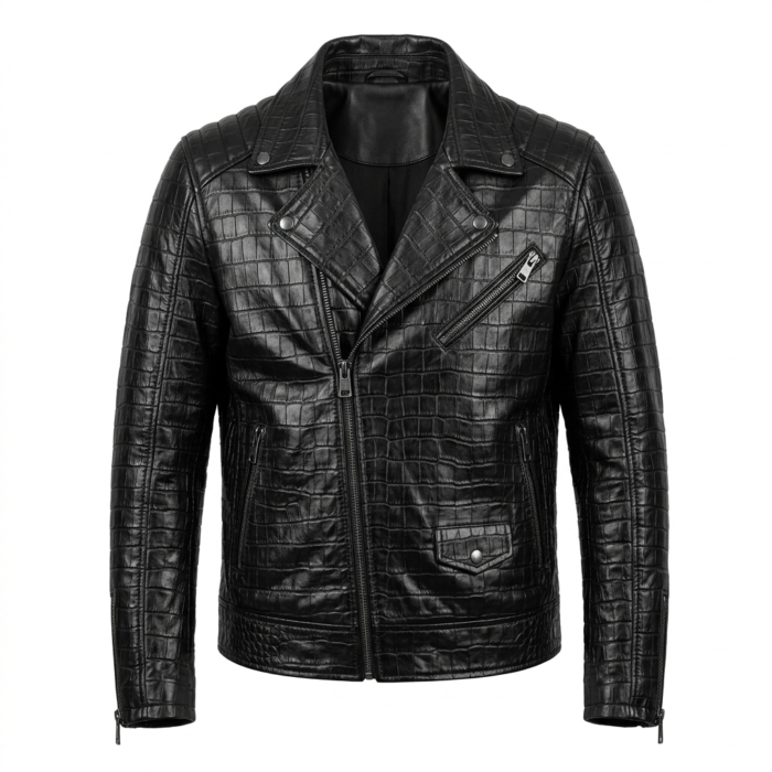 Luxury Men's Black Crocodile Embossed Leather Biker Jacket Blackstone Jackets