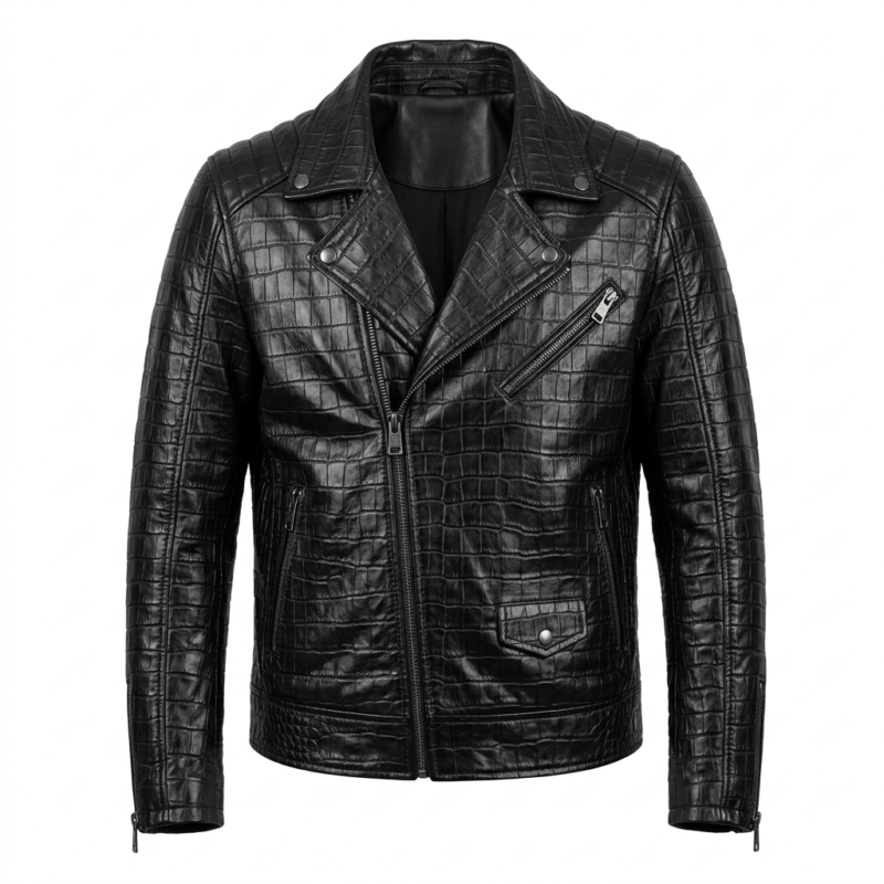 Luxury Men's Black Crocodile Embossed Leather Biker Jacket Blackstone Jackets