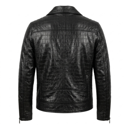 Luxury Men's Black Crocodile Embossed Leather Biker Jacket Blackstone Jackets Back View