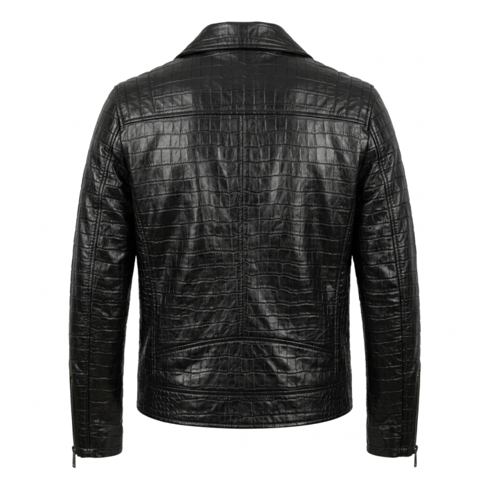 Luxury Men's Black Crocodile Embossed Leather Biker Jacket Blackstone Jackets Back View