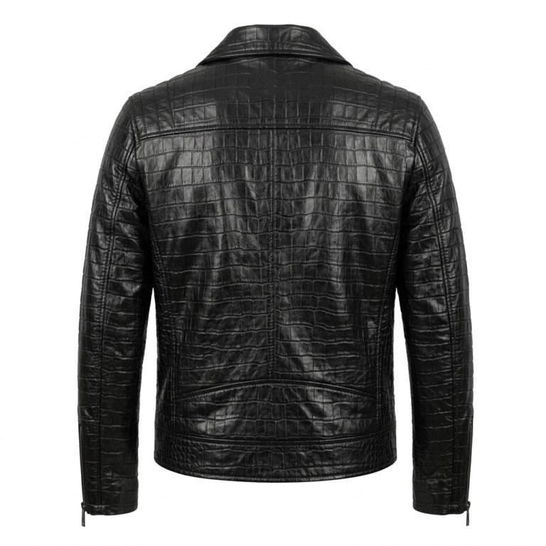 Luxury Men's Black Crocodile Embossed Leather Biker Jacket Blackstone Jackets Back View