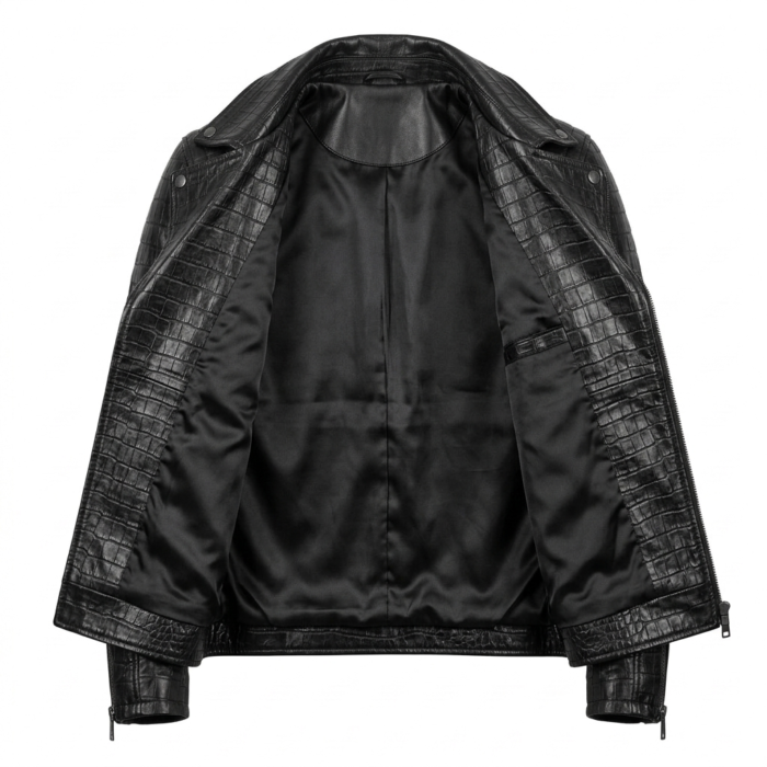Luxury Men's Black Crocodile Embossed Leather Biker Jacket Blackstone Jackets Inner View